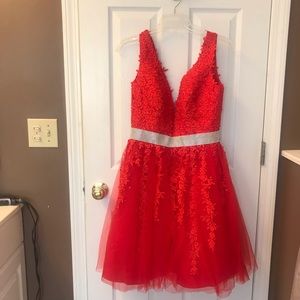 A-Line Red Homecoming Dress with lace appliqués